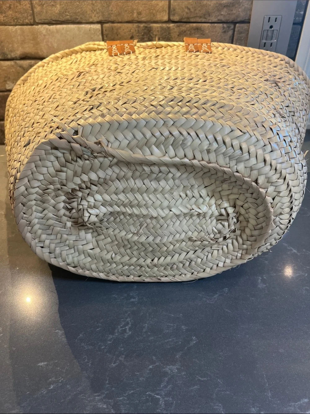 Woven French Market Tote with Brown Suede Handles - Picture 3 of 4